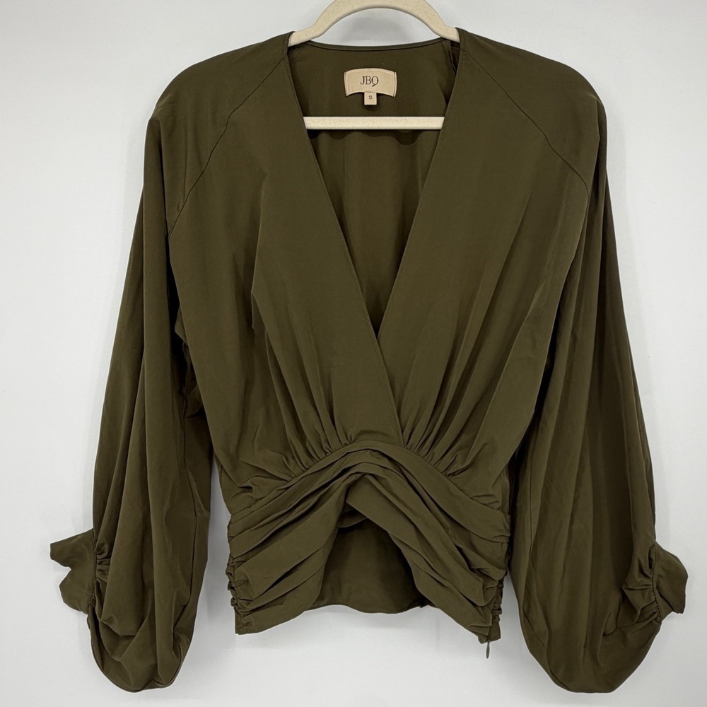 JBQ Olive Green Ruched Plunge V Neck Blouse Small Long Balloon Sleeve Stretch